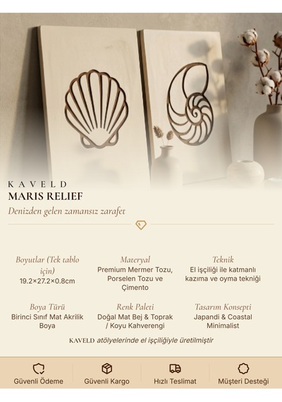 Maris Relief 2'li Duvar Sanatı Seti - Modern Minimalist Deniz Kabuğu Motifli Kazıma Tablo