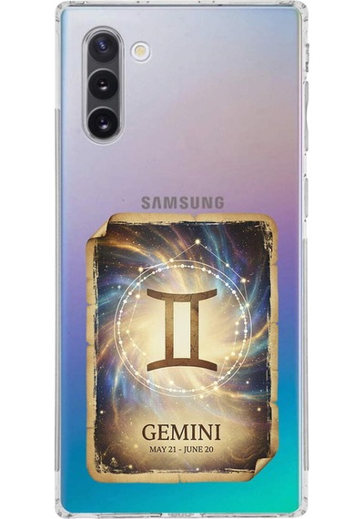 Samsung Galaxy Note 10 İle Uyumlu Burç Kartları İkizler Tasarımlı Şeffaf Silikon Kılıf Şeffaf