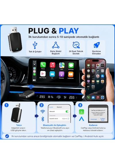 Triline Kablosuz Carplay Android Auto Mini 2in1 Usb Wireless Carplay Dönüştürücü Type-c Otg Destekli Diğer