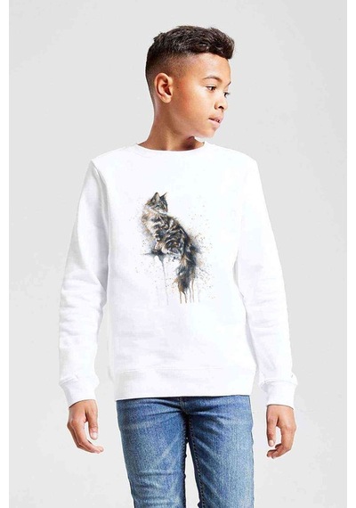 Tshirthane Watercolor Cat Baskılı Unisex Çocuk Beyaz Sweatshirt (534767197) Beyaz