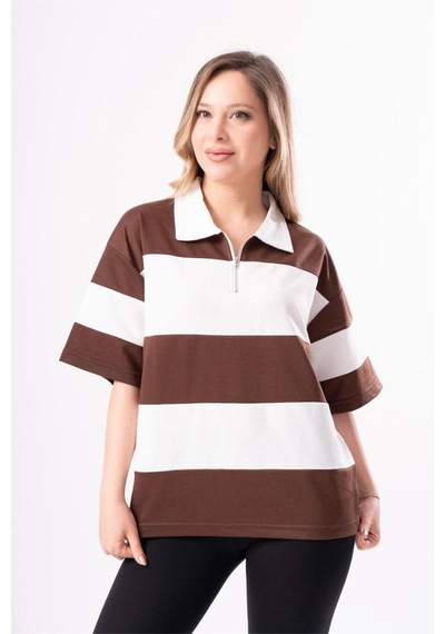 Kadın Polo Yaka Çizgili Oversize T-shirt 001