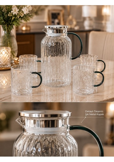 Qerhome Borosilikat Cam Sürahi Ve 4 Adet Kulplu Bardak Takımı 1800 Ml Metal Kapaklı Isıya Dayanıklı