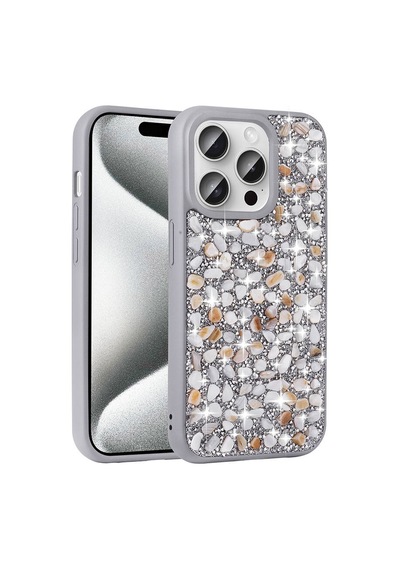 Apple Uyumlu iPhone 15 Pro Kılıf Parlak Taşlı Tasarım Linea Kapak Gümüş