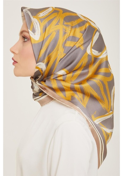 Armine Twill İpek Eşarp Gri, Sarı 9123-38