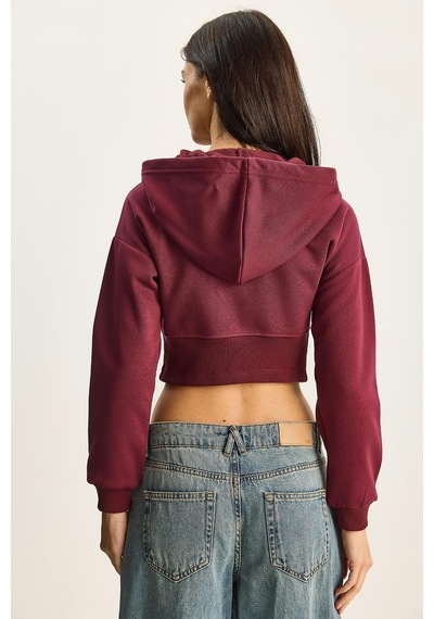 Shade Kadın Nyc Nakışlı Üç İplik Şardonlu Kapüşonlu Crop Hırka 6942 60283794 - Bordo
