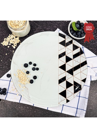 Kanallı Cam Kesme Tahtası - Black Gold - Çap32cm - Patentli Ürün