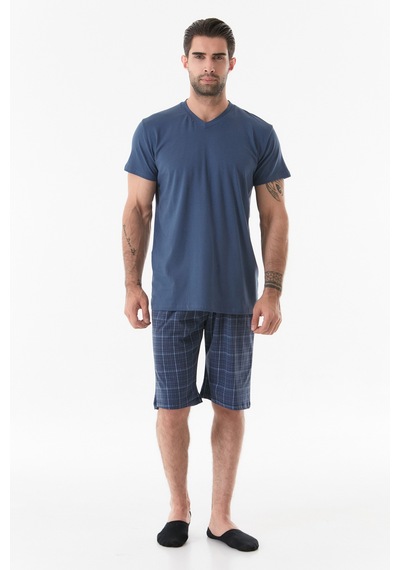 Fullamoda Ekose Desenli V Yaka Pijama Takımı 24mıcg631212243-indigo 24MICG631212243-İndigo