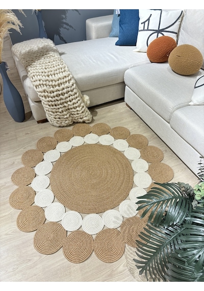 Mavaux Hasır Jüt Çiçek Desenli Kilim Halı Krem - Bej