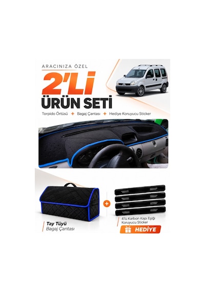 E-biz Renault Kangoo 2 Airbagsiz 2004-2008 Uyumlu Torpido + Tay Tüyü Çanta - Siyah-mavi - Re026