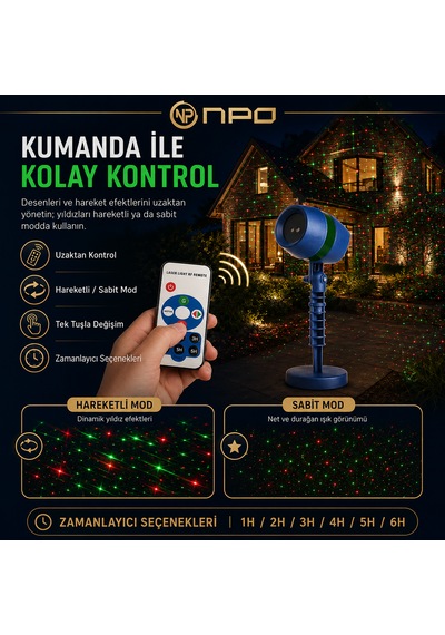 Npo Sh01 Star Shower Kırmızı Yeşil Lazer Işık Projektörü Kumandalı Bahçe Duvar Yıldız Efekti Lacivert