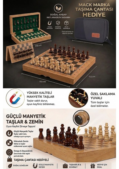 Mıknatıs Taşlı Ahşap Katlanabilir Kutulu Satranç Oyunu Takımı 17.5 Cm Taşıma Çantası Hediye
