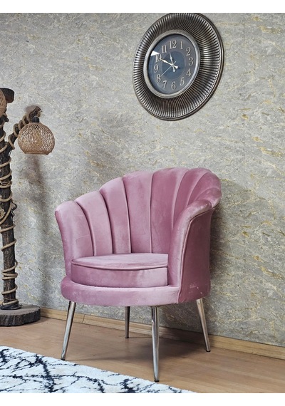 Zafir Tekli İstiridye Krom Kaplama Sivriltme Ayak Çay Seti Koltuk Tekli Berjer , Balkon, Salon, Ofis Pembe