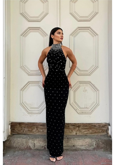 DefyModa Kadın Balıkçı Yaka Balık Kesim Uzun Kollu Abiye Elbise Siyah