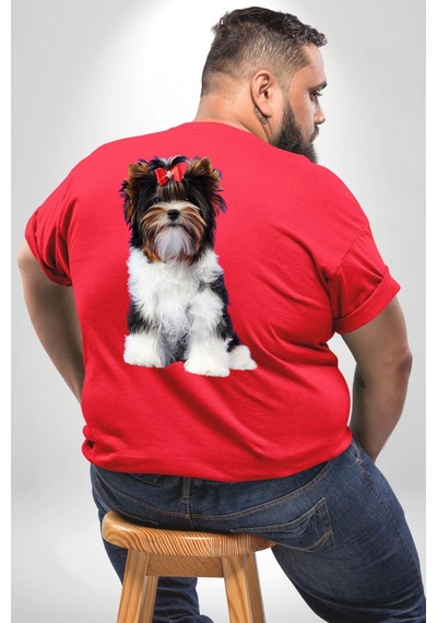 Angemiel Biewer Yorshire Terrier Büyük Beden Kırmızı Tişört Kadın Erkek Ünisex Sırt Baskılı Kırmızı