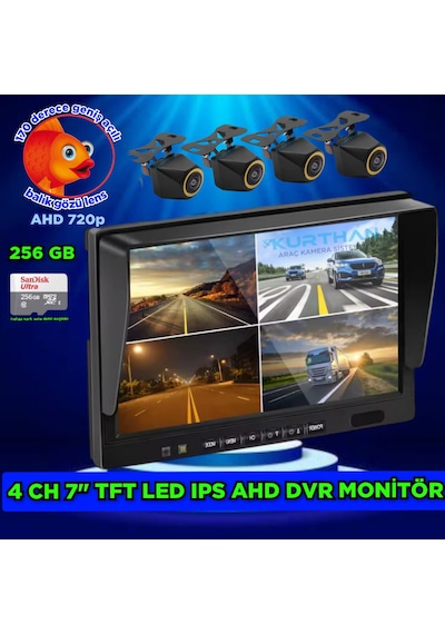 4 Adet 4x3 Cm. Ahd 720p 170 Derece Balık Gözü Lens Kamera 7 İnç 256 Gb Qled Dvr Monitör Seti 12 V