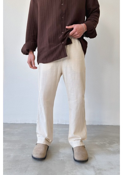 Flaw Bel Lastikli Keten Pantolon-29193 Ekru