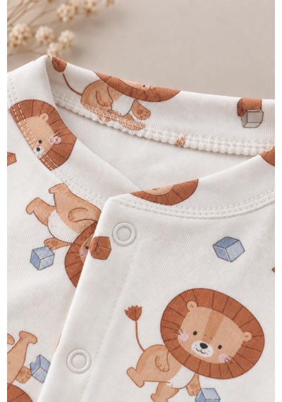 Luppinos Soft Dream Geniş Kalıp %100 Pamuk Aslan Baskılı Çıtçıtlı Tulum Beyaz