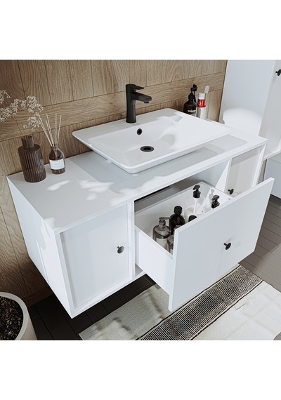 Çanak Lavabolu Mat Mdf 120 Cm Banyo Dolabı + Aynalı Dolabı Beyaz Mat Beyaz