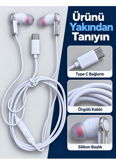 Gümüş Detaylı Silikon Başlıklı Type C Kablolu Kulaklık