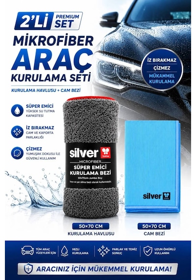 2'li Araç Temizlik Seti 50x70 Cm 390 Gsm Mikrofiber Kurulama Havlusu Ve İz Bırakmayan Premium Cam Bezi