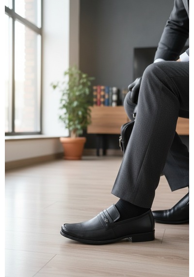 Noch Erkek Hakiki Deri Bant Detaylı Klasik Ofis Ayakkabısı Loafer Siyah