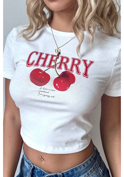 Cool Tarz Kadın Baskılı Crop Tişört - Cherry Desenli, Yazlık Kısa Kollu Bluz Beyaz Beyaz