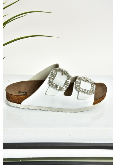 Fox Shoes Beyaz Çift Tokalı Taşlı Kadın Terlik K777604809 Beyaz-suni Deri Beyaz