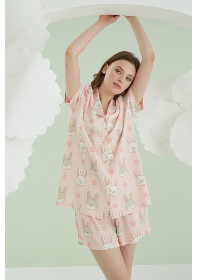 Nbb Kadın Pembe Rabbit Önden Düğmeli Şortlu Pijama Takım