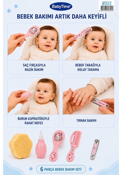 Babytime 6'lı Bebek Bakım Seti Pembe Burun Aspiratörü - Tarak - Fırça - Tırnak Makası ve Törpü Ak512