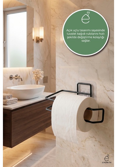 Yapışkanlı Tuvalet Kağıtlığı Minimal Mat Siyah Metal Kağıtlık Delmeden Montaj Banyo Askı
