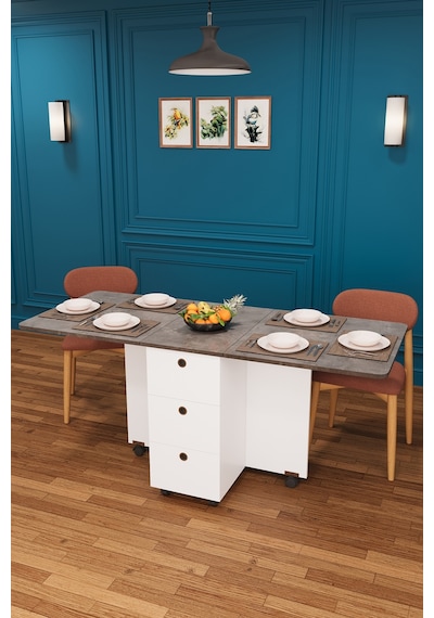 Asra Trend KM-01 %100 MDF 168x70 cm Katlanır Akıllı Mutfak Masası 3 Çekmeceli Tekerlekli Servis Masası Beyaz Retro Gri Asra Trend KM-01 %100 MDF 168x70 cm Katlanır Akıllı Mutfak Masası 3 Çekmeceli Tekerlekli Servis Masası Beyaz Retro Gri