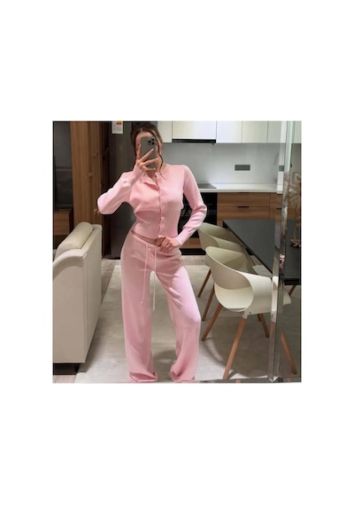 De Pose Düğme Detaylı Pijamalı Hırka Triko Takım Pembe