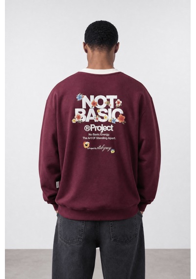 Respire Erkek Not Basic Project Baskılı Oversize Sweatshirt Bordo