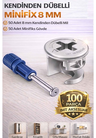 İmt Aksesuar 8 Mm Kendinden Dübelli Minifix Gövde Ve Mil Seti - Mobilya Bağlantı Elemanı 100 Parça Metalik