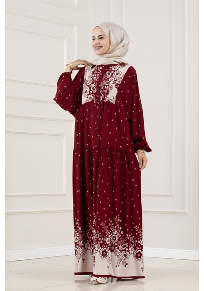 Sevitli Yarım Düğmeli Robalı Damla Elbise-bordo-5863
