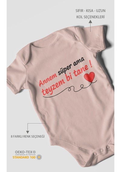 Annem Süper Ama Teyzem Bi Tane Baskılı Bebek Zıbını Çıtçıtlı Body 8 Renk %100 Pamuk Kısa Kol Pastel Pembe