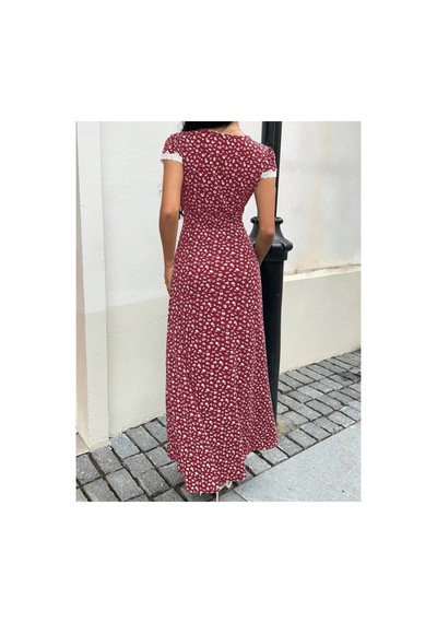 Butik İstanbul Kadın Kısa Kollu Derin V Yakalı Dantel Detaylı Çiçek Desenli Uzun Süprem Elbise Kırmızı