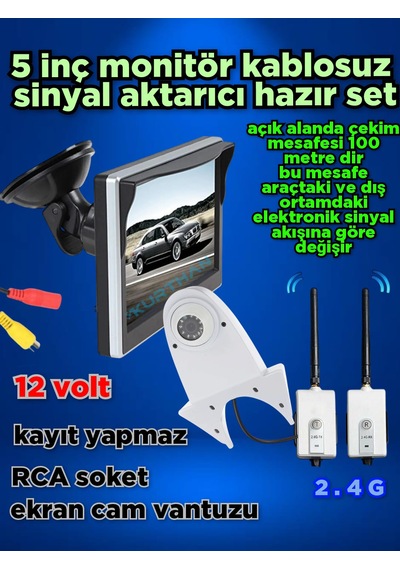 Kablosuz Beyaz Tepe Kamera Ve 5 İnç Ekran 12 Volt Kayıt Yapmaz
