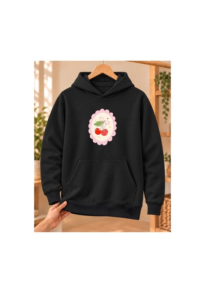 Mor Mürekkep Kadın %100 Pamuk 3 İplik Şardonlu Dantel Çerçeveli Kiraz Baskılı Kapüşonlu Sweatshirt Siyah