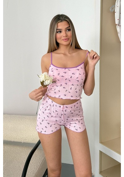 Giysa Kadın Askılı Kaplı Çiçek Desenli Şortlu Pijama Takımı Pembe Mor - 3403