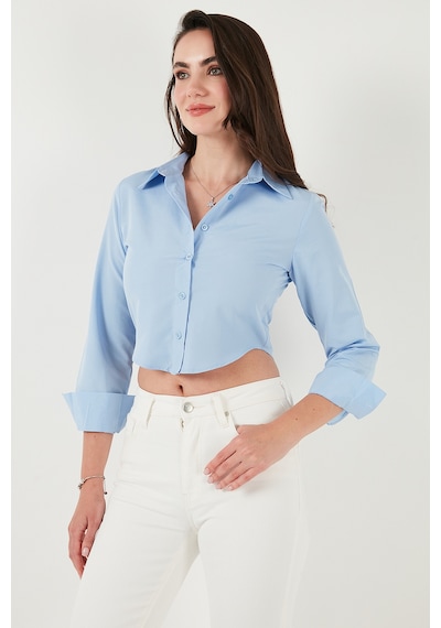 Lela Pamuk Karışımlı Slim Fit Uzun Kollu Crop Bayan Gömlek 6777336 Bebe Mavi