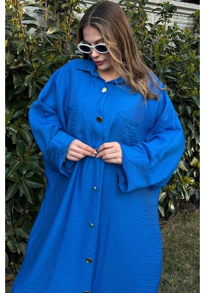 WeShaya Kadın Saks Yarasa Kol, Arkası Pliseli, Çift Cepli, Uzun Oversize Salaş Gömlek Elbise Saks WeShaya Kadın Saks Yarasa Kol, Arkası Pliseli, Çift Cepli, Uzun Oversize Salaş Gömlek Elbise Saks