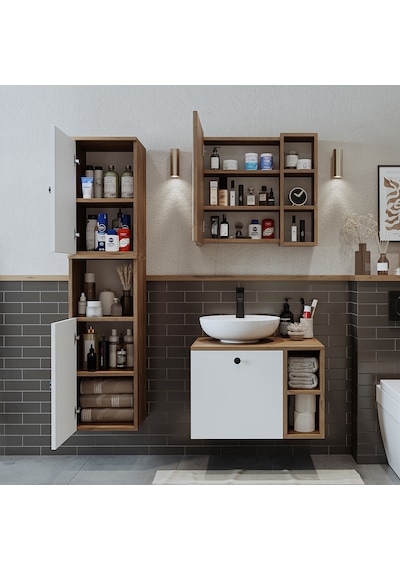 Lavabolu Mdf 65 Cm Lotus Çekmeceli Banyo Dolabı + Aynalı Dolap Atlantik Çam - Beyaz Lavabolu Mdf 65 Cm Lotus Çekmeceli Banyo Dolabı + Aynalı Dolap Atlantik Çam - Beyaz