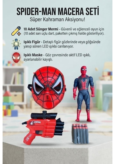 Spider-man Macera Seti Işıklı Maske 18 Cm Figür Ve Sünger Mermili Silah Oyuncak Seti