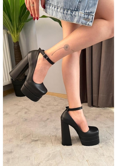 Preshley Kadın Sophia Siyah Deri 15 Cm Platform Topuklu Ayakkabı Siyah