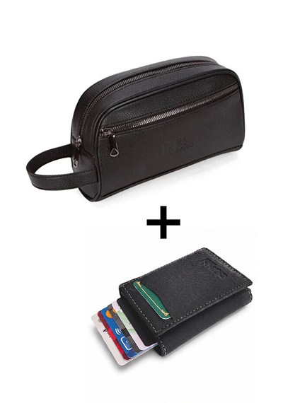 Esvelans Siyah Vegan Deri Portföy El Çantası Ve Otomatik Mekanizmalı Kartlık Cüzdan Set
