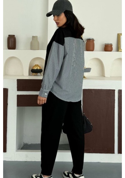 Ded Collectıon Kadın Çizgili Uzun Kollu Gömlek Detaylı Yuvarlak Yaka Sweatshirt Modal Takım Siyah