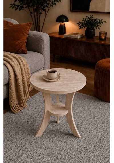Fiskos Traverten Desen Mdf Ayak Yan Sehpa 50 Cm Çap - 60 Cm Yükseklik Modern Zigon Yan Sehpa Traverten Kumtaşı - Traverten