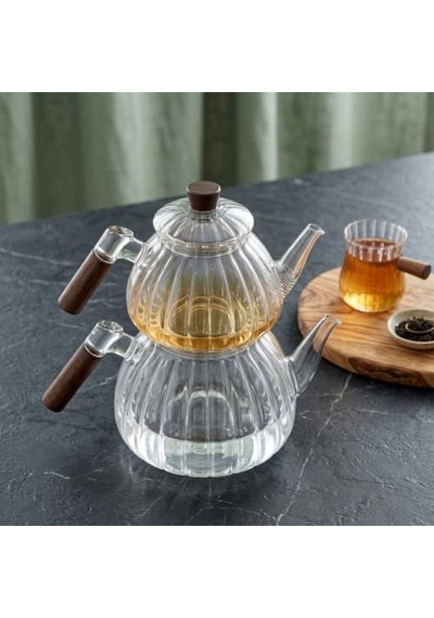 Akasya Cam Çaydanlık Takımı 1500 Ml + 600 Ml - Ahşap Kulplu, Çizgili Tasarım Isıya Dayanıklı Borosilikat Şeffaf Çaydanlık 1
