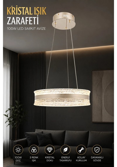 Modern Premium Ledli Taş Sarkıt Avize Gold Kum Beji Salon Oturma Odası Avizesi 100w 3 Renk Beyaz